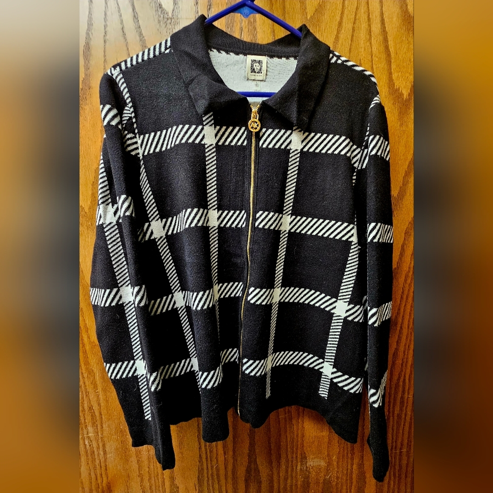 Anne Klein Black White Plaid Zipper Jacket Size L Women's Blend Fabric